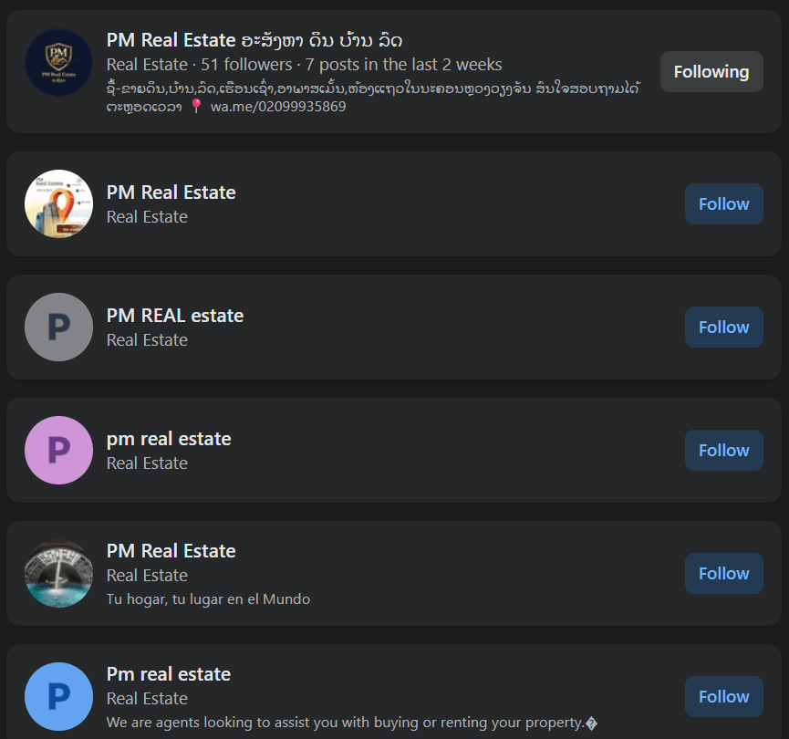 Multiple copycat Facebook pages for the same business causing confusion for customers searching in Vientiane
