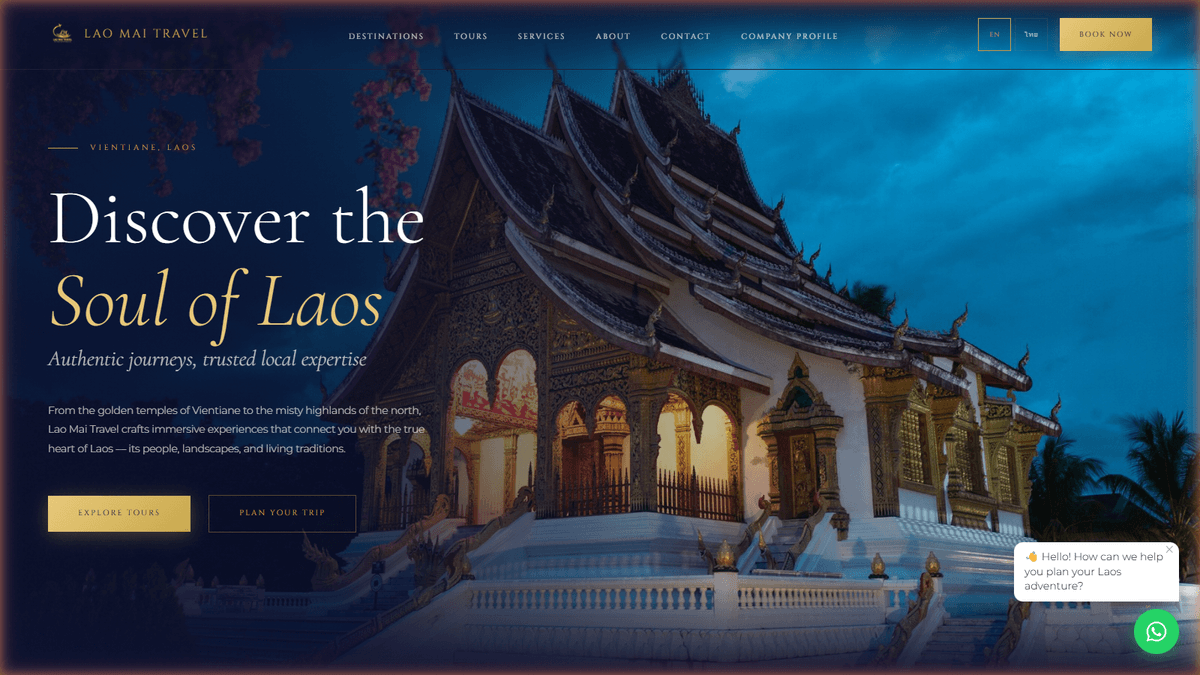 Lao Mai Travel website hero section — a professional tourism website for a Vientiane-based business