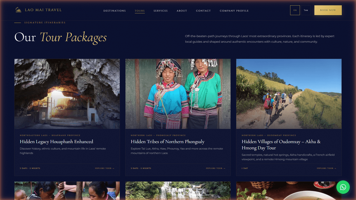 Lao Mai Travel tour packages page — organized service listings that make it easy for customers to find and book