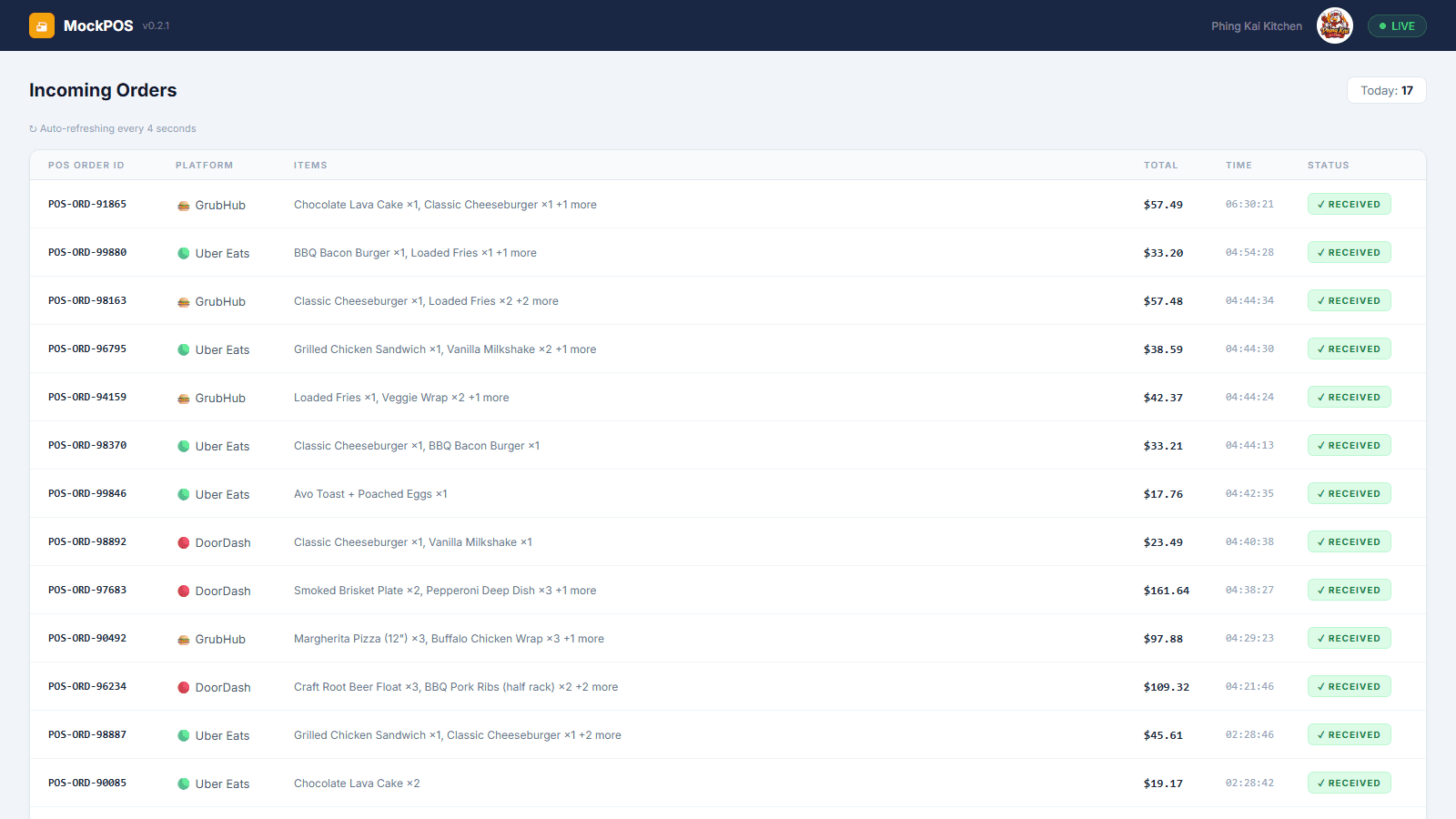 MockPOS terminal showing automated order injection from OrderBridge middleware