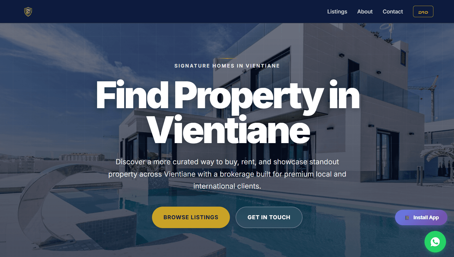 PM Real Estate Laos homepage - property listings with clean professional layout