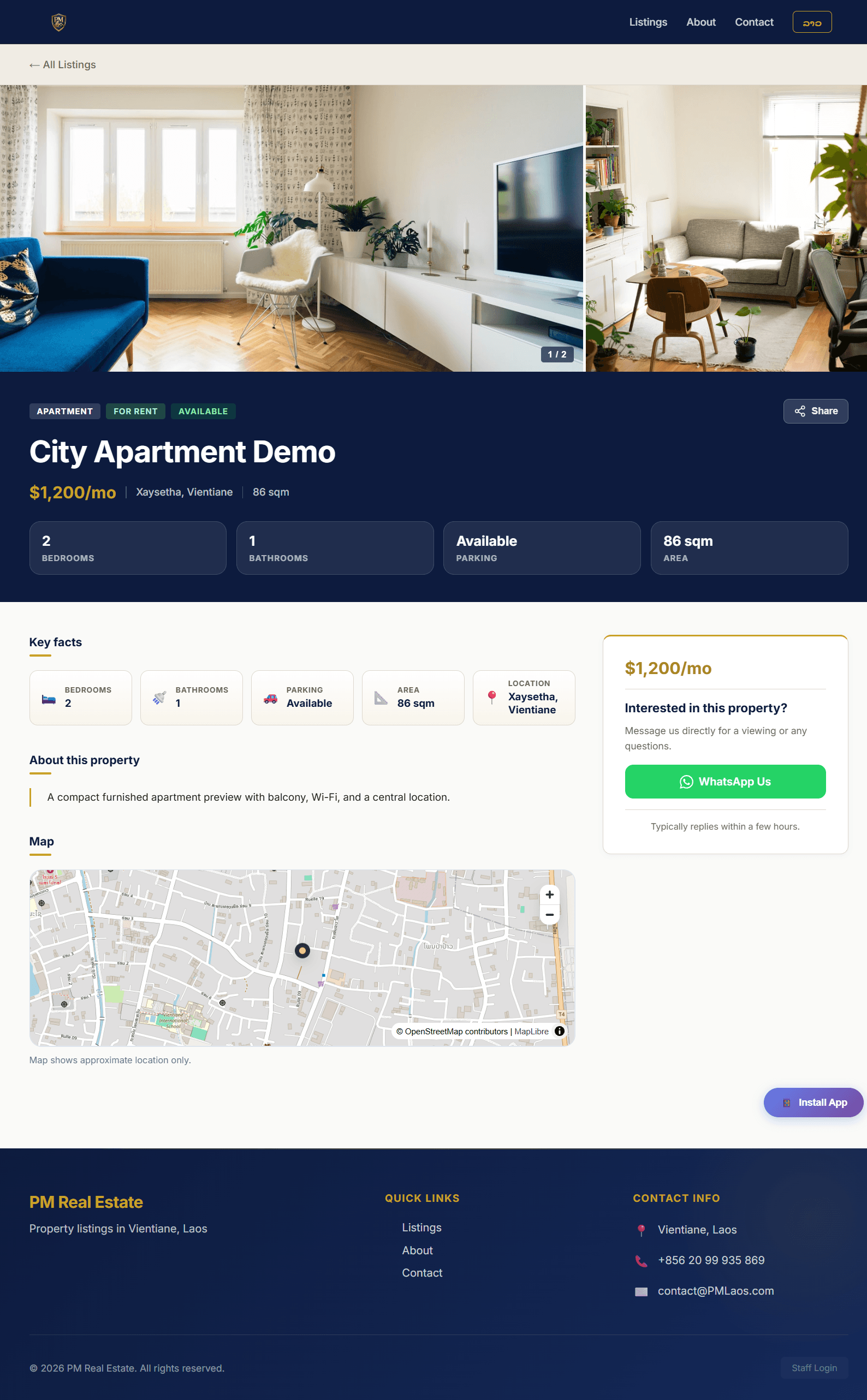 PM Laos individual property listing page — all information organized clearly for customers to find instantly