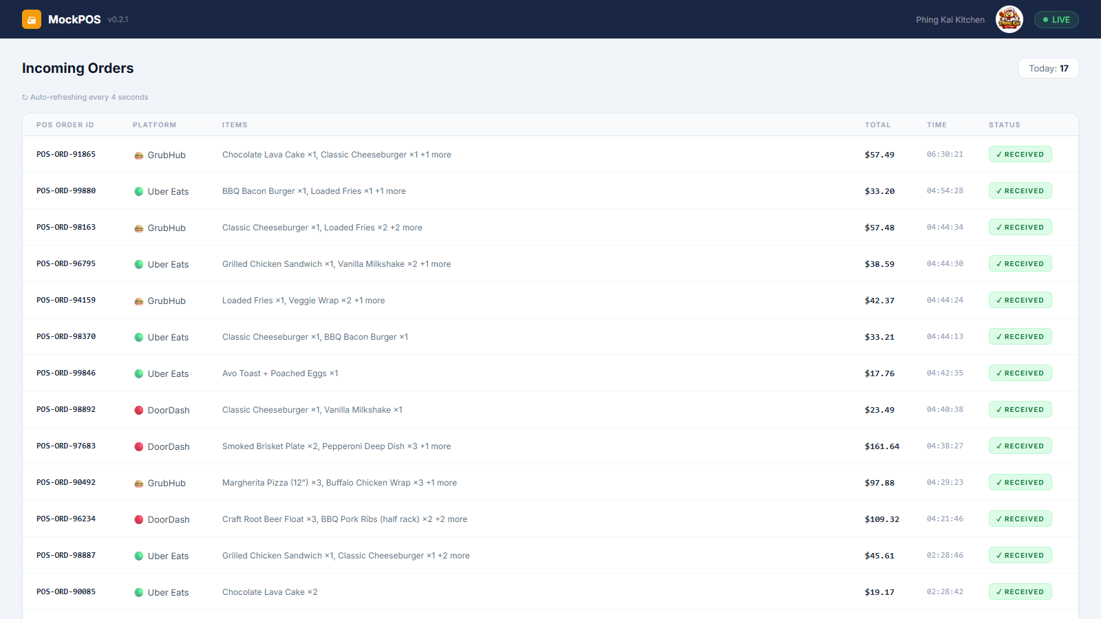 MockPOS terminal showing injected orders arriving from OrderBridge