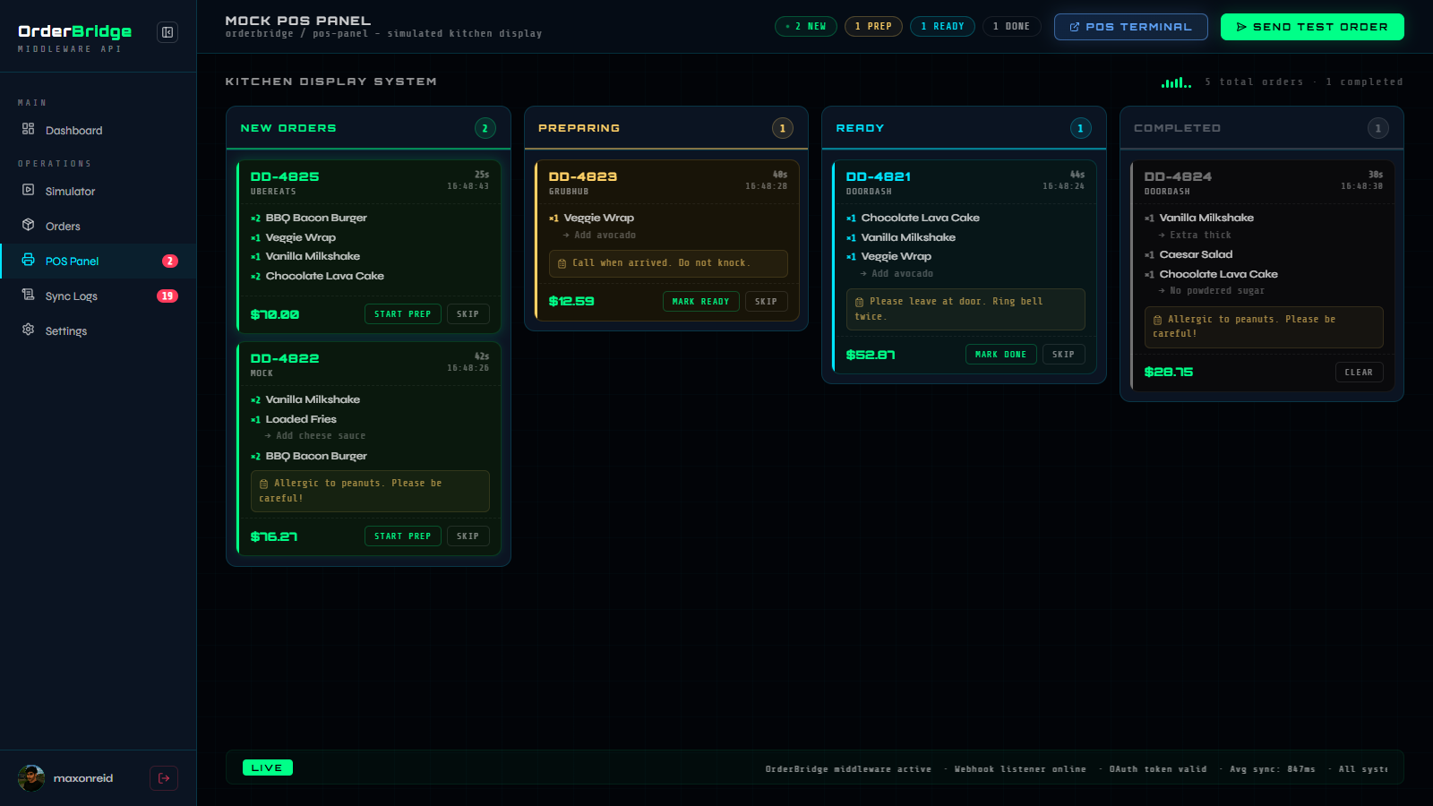 OrderBridge order simulator page